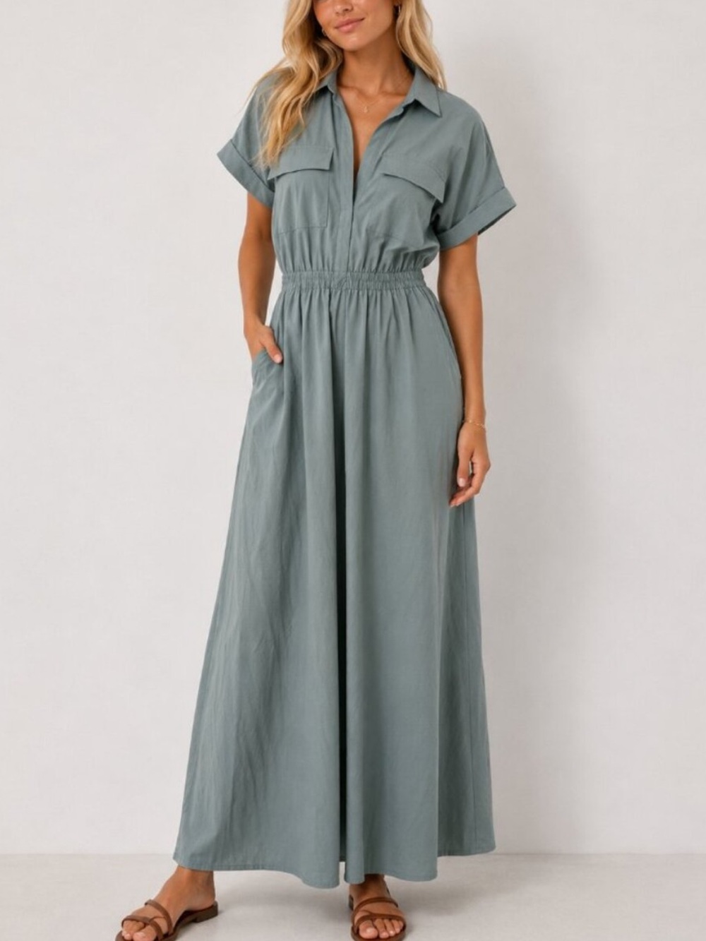 Abercrombie & Fitch Sage Green Short-Sleeve Maxi Shirt Dress